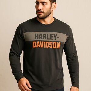 Harley-Davidson Motorcycle Long Sleeve Graphic Tee Black/Gray/Orange Size M G4
